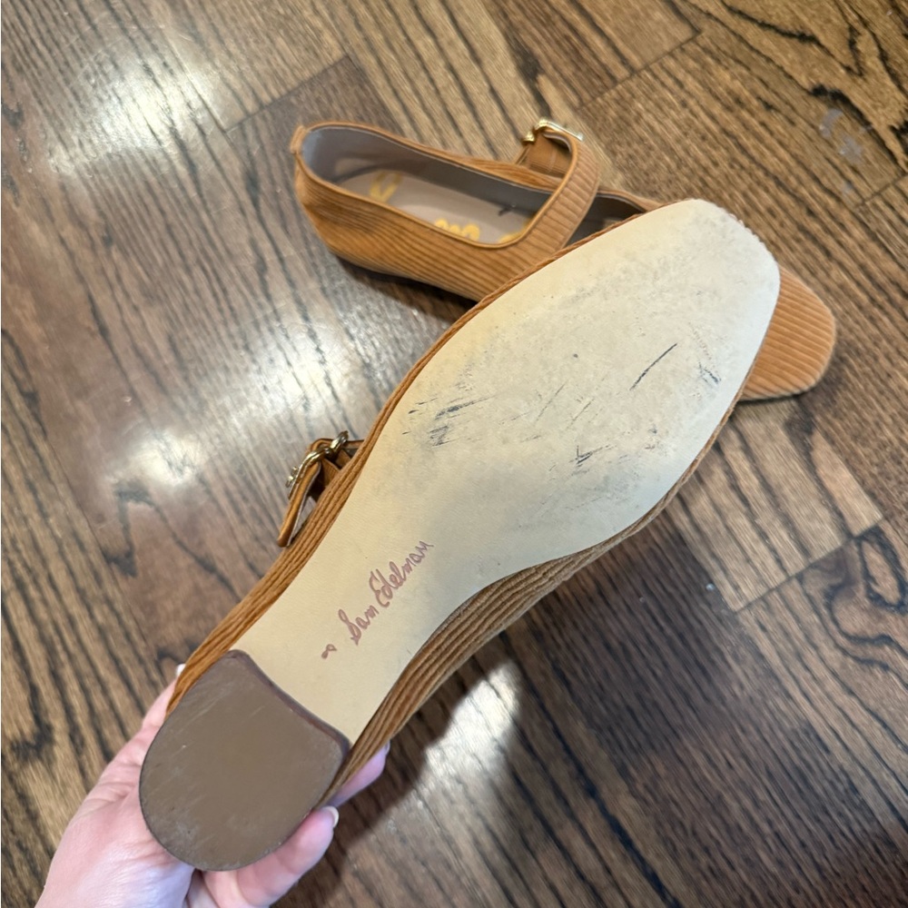 Sam Edelman Women's Corduroy Mary Jane Flats in Camel Brown with Gold Buckle - Picture 4 of 4